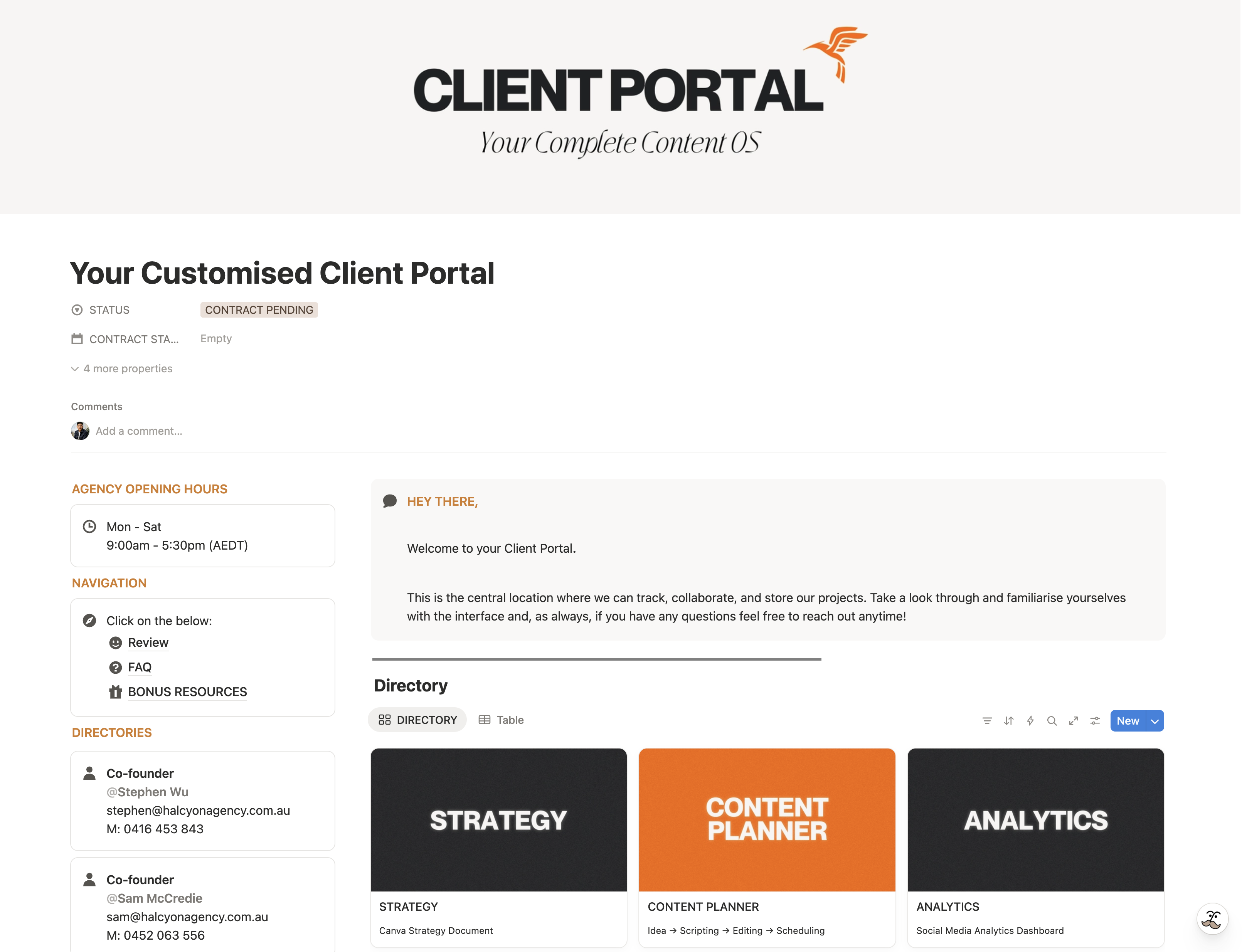 Halcyon Client Portal dashboard showing content pipeline