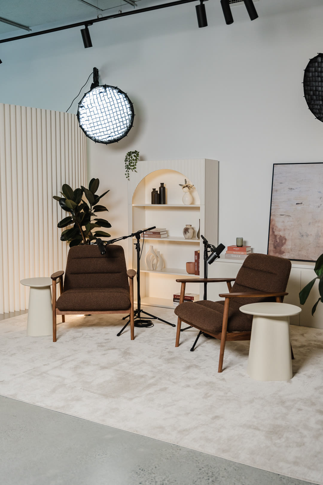 Two-seat interview set for podcast and long-form content production Sydney